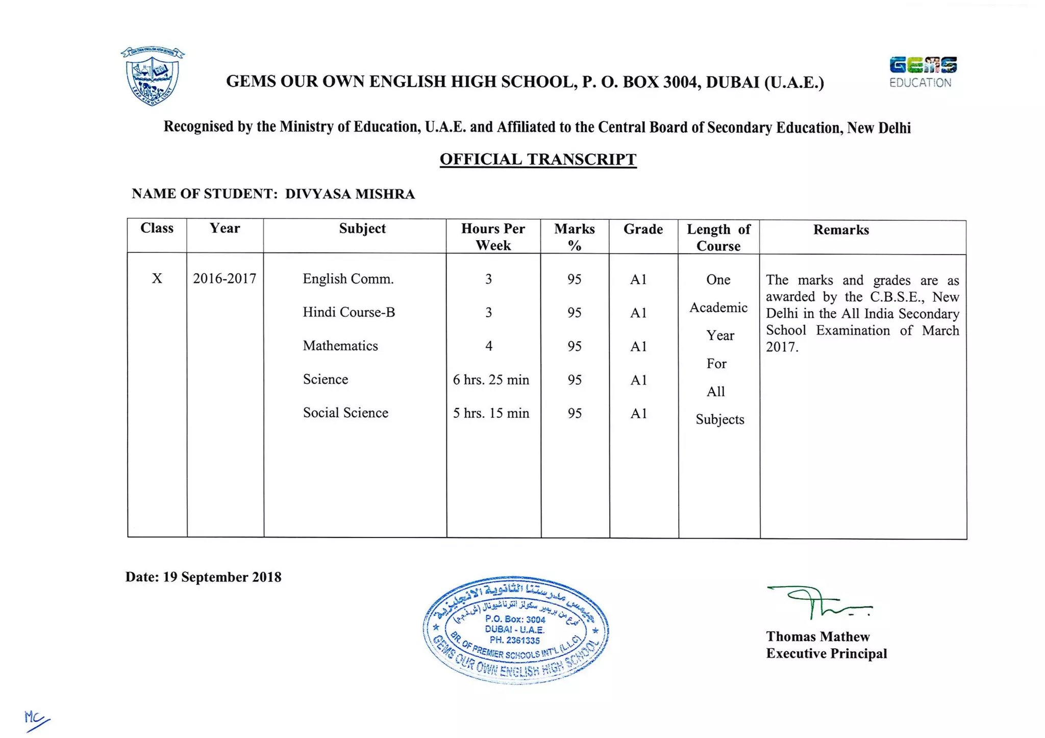 Transcript Grade  10
