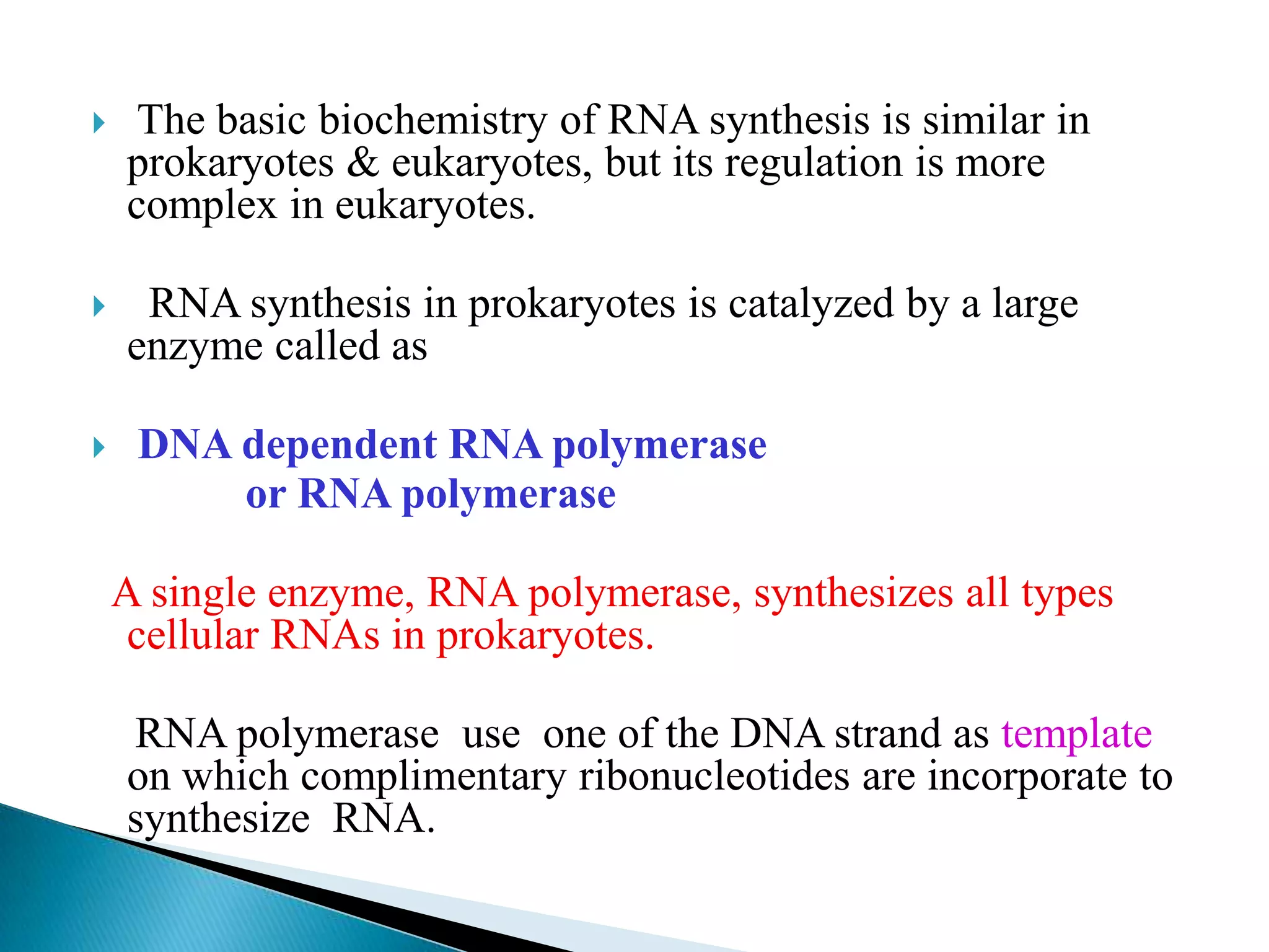     The basic biochemistry of RNA synthesis is similar in
    prokaryotes & eukaryotes, but its regulation is more
    complex in eukaryotes.

    RNA synthesis in prokaryotes is catalyzed by a large
    enzyme called as

    DNA dependent RNA polymerase
         or RNA polymerase

    A single enzyme, RNA polymerase, synthesizes all types
     cellular RNAs in prokaryotes.

    RNA polymerase use one of the DNA strand as template
    on which complimentary ribonucleotides are incorporate to
    synthesize RNA.
 