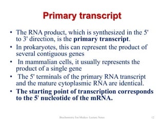 Primary transcript
• The RNA product, which is synthesized in the 5'
to 3' direction, is the primary transcript.
• In prokaryotes, this can represent the product of
several contiguous genes
• In mammalian cells, it usually represents the
product of a single gene
• The 5' terminals of the primary RNA transcript
and the mature cytoplasmic RNA are identical.
• The starting point of transcription corresponds
to the 5' nucleotide of the mRNA.
Biochemistry For Medics- Lecture Notes

12

 
