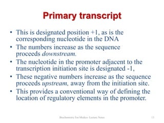 Primary transcript
• This is designated position +1, as is the
corresponding nucleotide in the DNA
• The numbers increase as the sequence
proceeds downstream.
• The nucleotide in the promoter adjacent to the
transcription initiation site is designated -1,
• These negative numbers increase as the sequence
proceeds upstream, away from the initiation site.
• This provides a conventional way of defining the
location of regulatory elements in the promoter.
Biochemistry For Medics- Lecture Notes

13

 
