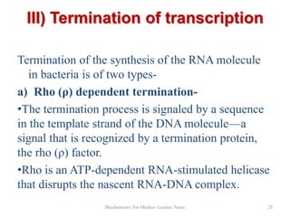 III) Termination of transcription
Termination of the synthesis of the RNA molecule
in bacteria is of two typesa) Rho (ρ) dependent termination•The termination process is signaled by a sequence
in the template strand of the DNA molecule—a
signal that is recognized by a termination protein,
the rho (ρ) factor.
•Rho is an ATP-dependent RNA-stimulated helicase
that disrupts the nascent RNA-DNA complex.
Biochemistry For Medics- Lecture Notes

28

 