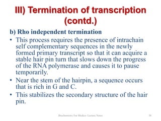 III) Termination of transcription
(contd.)
b) Rho independent termination
• This process requires the presence of intrachain
self complementary sequences in the newly
formed primary transcript so that it can acquire a
stable hair pin turn that slows down the progress
of the RNA polymerase and causes it to pause
temporarily.
• Near the stem of the hairpin, a sequence occurs
that is rich in G and C.
• This stabilizes the secondary structure of the hair
pin.
Biochemistry For Medics- Lecture Notes

30

 