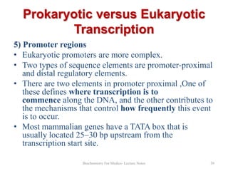 Prokaryotic versus Eukaryotic
Transcription
5) Promoter regions
• Eukaryotic promoters are more complex.
• Two types of sequence elements are promoter-proximal
and distal regulatory elements.
• There are two elements in promoter proximal ,One of
these defines where transcription is to
commence along the DNA, and the other contributes to
the mechanisms that control how frequently this event
is to occur.
• Most mammalian genes have a TATA box that is
usually located 25–30 bp upstream from the
transcription start site.
Biochemistry For Medics- Lecture Notes

39

 