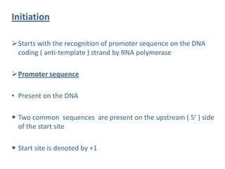Initiation
Starts with the recognition of promoter sequence on the DNA
coding ( anti-template ) strand by RNA polymerase
Promoter sequence
• Present on the DNA
 Two common sequences are present on the upstream ( 5’ ) side
of the start site
 Start site is denoted by +1
 