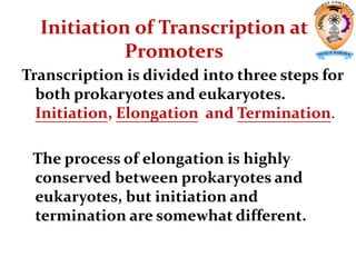 Initiation of Transcription at
Promoters
Transcription is divided into three steps for
both prokaryotes and eukaryotes.
Initiation, Elongation and Termination.
The process of elongation is highly
conserved between prokaryotes and
eukaryotes, but initiation and
termination are somewhat different.
 