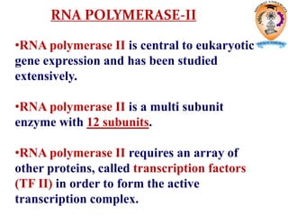 RNA POLYMERASE-II
•RNA polymerase II is central to eukaryotic
gene expression and has been studied
extensively.
•RNA polymerase II is a multi subunit
enzyme with 12 subunits.
•RNA polymerase II requires an array of
other proteins, called transcription factors
(TF II) in order to form the active
transcription complex.
 