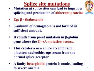 89
Splice site mutations
• Mutation at splice sites can lead to improper
splicing and production of abberant proteins
• Eg:  - thalassemia
• β-subunit of hemoglobin is not formed in
sufficient amount.
• It results from point mutation in -globin
gene where the GA mutation occurs.
• This creates a new splice acceptor site
nineteen nucleotides upstream from the
normal splice acceptor
• A faulty beta-globin protein is made, leading
to severe anemia.
 