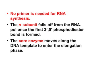 • No primer is needed for RNA
synthesis.
• The σ subunit falls off from the RNA-
pol once the first 3′,5′ phosphodiester
bond is formed.
• The core enzyme moves along the
DNA template to enter the elongation
phase.
 