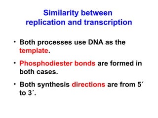 • Both processes use DNA as the
template.
• Phosphodiester bonds are formed in
both cases.
• Both synthesis directions are from 5´
to 3´.
Similarity between
replication and transcription
 