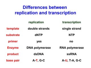 replication transcription
template double strands single strand
substrate dNTP NTP
primer yes no
Enzyme DNA polymerase RNA polymerase
product dsDNA ssRNA
base pair A-T, G-C A-U, T-A, G-C
Differences between
replication and transcription
 