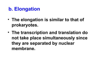 • The elongation is similar to that of
prokaryotes.
• The transcription and translation do
not take place simultaneously since
they are separated by nuclear
membrane.
b. Elongation
 