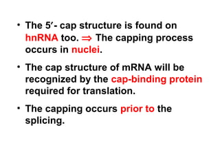 • The 5′- cap structure is found on
hnRNA too. ⇒ The capping process
occurs in nuclei.
• The cap structure of mRNA will be
recognized by the cap-binding protein
required for translation.
• The capping occurs prior to the
splicing.
 