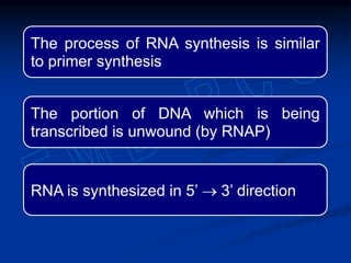 The process of RNA synthesis is similar
to primer synthesis
The portion of DNA which is being
transcribed is unwound (by RNAP)
RNA is synthesized in 5’  3’ direction
 