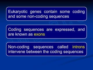 Eukaryotic genes contain some coding
and some non-coding sequences
Coding sequences are expressed, and
are known as exons
Non-coding sequences called introns
intervene between the coding sequences
 