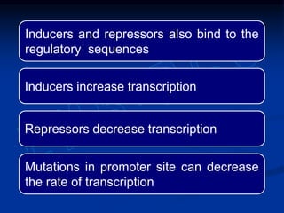 Inducers and repressors also bind to the
regulatory sequences
Inducers increase transcription
Repressors decrease transcription
Mutations in promoter site can decrease
the rate of transcription
 