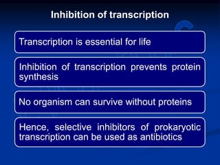 Transcription is essential for life
Inhibition of transcription prevents protein
synthesis
No organism can survive without proteins
Hence, selective inhibitors of prokaryotic
transcription can be used as antibiotics
Inhibition of transcription
 