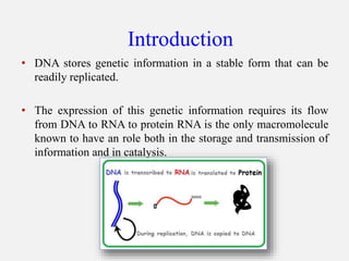 • DNA stores genetic information in a stable form that can be
readily replicated.
• The expression of this genetic information requires its flow
from DNA to RNA to protein RNA is the only macromolecule
known to have an role both in the storage and transmission of
information and in catalysis.
Introduction
 