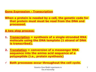 Gene Expression - Transcription
When a protein is needed by a cell, the genetic code for
that protein must must be read from the DNA and
processed.
A two step process:
1. Transcription = synthesis of a single-stranded RNA
molecule using the DNA template (1 strand of DNA
is transcribed).
2. Translation = conversion of a messenger RNA
sequence into the amino acid sequence of a
polypeptide (i.e., protein synthesis)
✓ Both processes occur throughout the cell cycle.
Genetics from Medel experiments to
Era of microchip
1
 