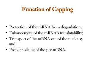 Function of Capping
• Protection of the mRNA from degradation;
• Enhancement of the mRNA’s translatability;
• Transport of the mRNA out of the nucleus;
and
• Proper splicing of the pre-mRNA.
 