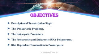 Objectives
 Description of Transcription Steps.
 The Prokaryotic Promoter.
 The Eukaryotic Promoters.
 The Prokaryotic and Eukaryotic RNA Polymerases.
 Rho Dependent Termination in Prokaryotes.
© John Wiley & Sons, Inc.
 