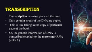 Transcription
• Transcription is taking place all the time.
• Only certain areas of the DNA are copied
• This is like taking xerox copy of particular
page of the book.
• So, the genetic information of DNA is
transcribed (copied) to the messenger RNA
(mRNA).
 