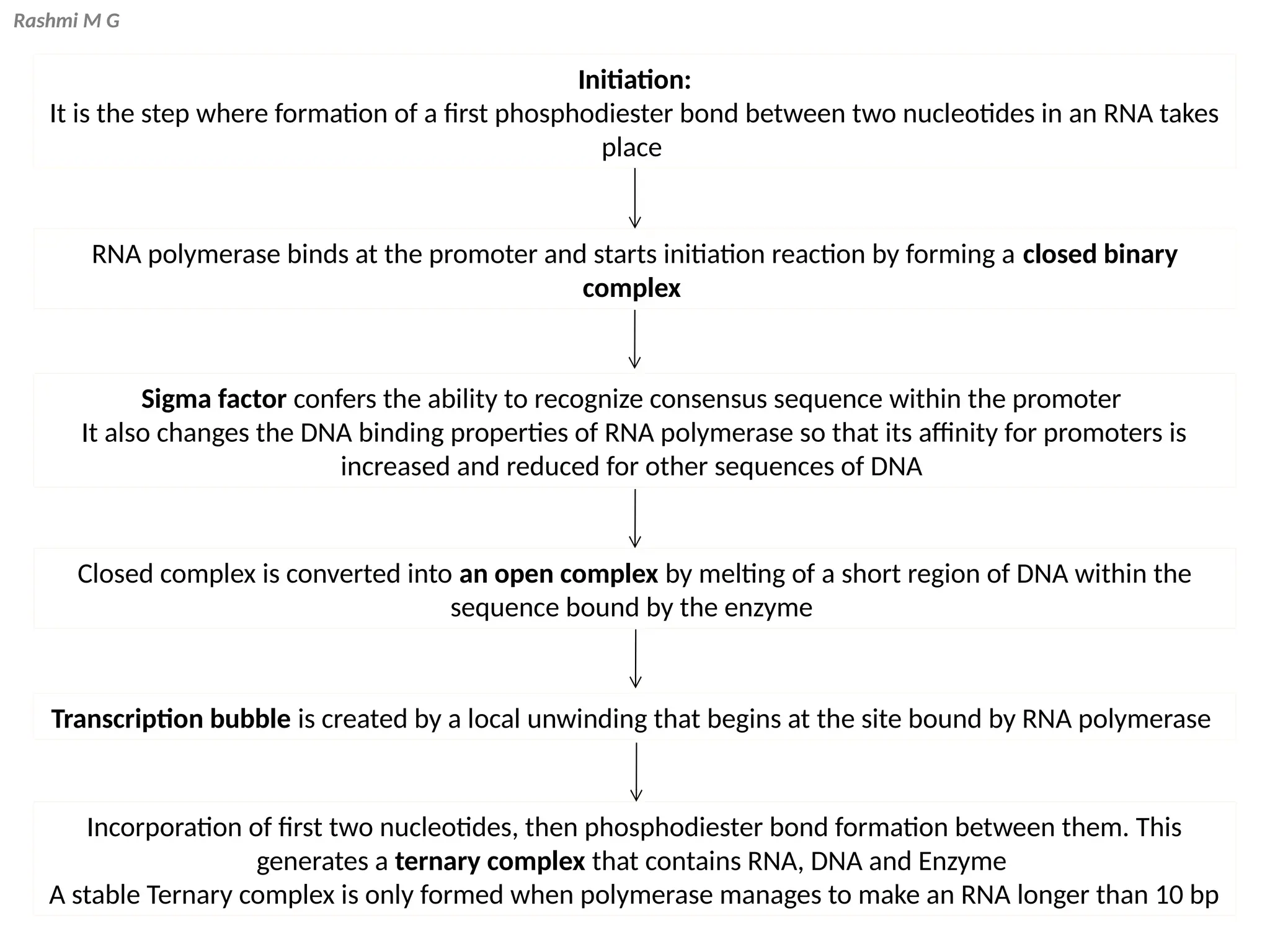 Rashmi M G
Initiation:
It is the step where formation of a first phosphodiester bond between two nucleotides in an RNA takes
place
RNA polymerase binds at the promoter and starts initiation reaction by forming a closed binary
complex
Sigma factor confers the ability to recognize consensus sequence within the promoter
It also changes the DNA binding properties of RNA polymerase so that its affinity for promoters is
increased and reduced for other sequences of DNA
Closed complex is converted into an open complex by melting of a short region of DNA within the
sequence bound by the enzyme
Transcription bubble is created by a local unwinding that begins at the site bound by RNA polymerase
Incorporation of first two nucleotides, then phosphodiester bond formation between them. This
generates a ternary complex that contains RNA, DNA and Enzyme
A stable Ternary complex is only formed when polymerase manages to make an RNA longer than 10 bp
 