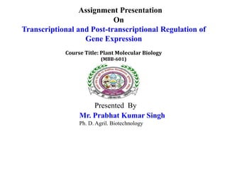 Assignment Presentation
On
Transcriptional and Post-transcriptional Regulation of
Gene Expression
Presented By
Mr. Prabhat Kumar Singh
Ph. D. Agril. Biotechnology
Course Title: Plant Molecular Biology
(MBB-601)
 