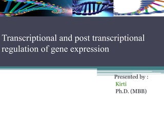 Transcriptional and post transcriptional
regulation of gene expression
Presented by :
Kirti
Ph.D. (MBB)
 