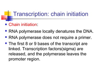 Transcription: chain initiation
 Chain initiation:
 RNA polymerase locally denatures the DNA.
 RNA polymerase does not require a primer.
 The first 8 or 9 bases of the transcript are
linked. Transcription factors(sigma) are
released, and the polymerase leaves the
promoter region.
 