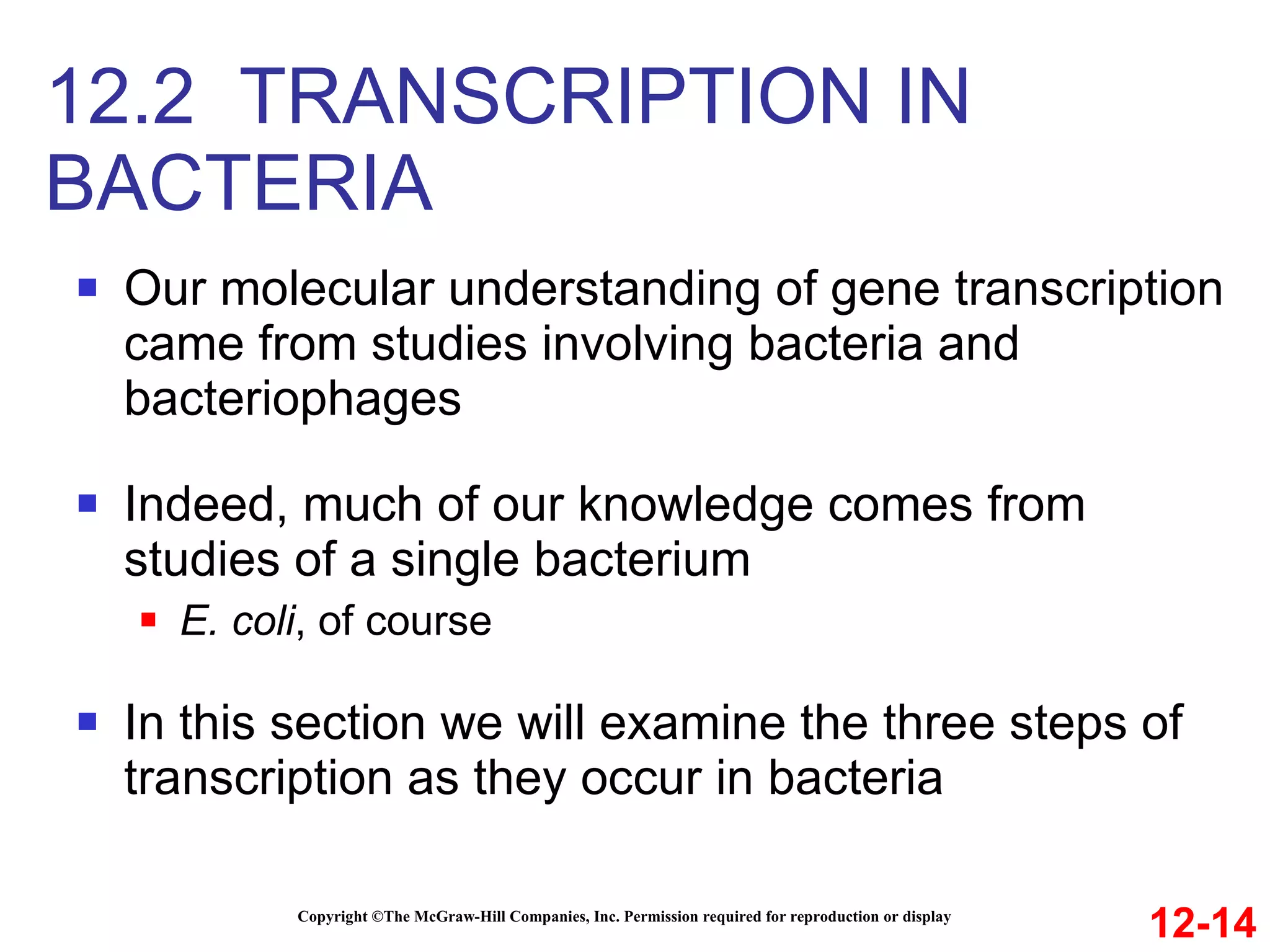 Our molecular understanding of gene transcription came from studies involving bacteria and bacteriophages Indeed, much of our knowledge comes from studies of a single bacterium E. coli , of course In this section we will examine the three steps of transcription as they occur in bacteria 12.2  TRANSCRIPTION IN BACTERIA Copyright ©The McGraw-Hill Companies, Inc. Permission required for reproduction or display 12-14 
