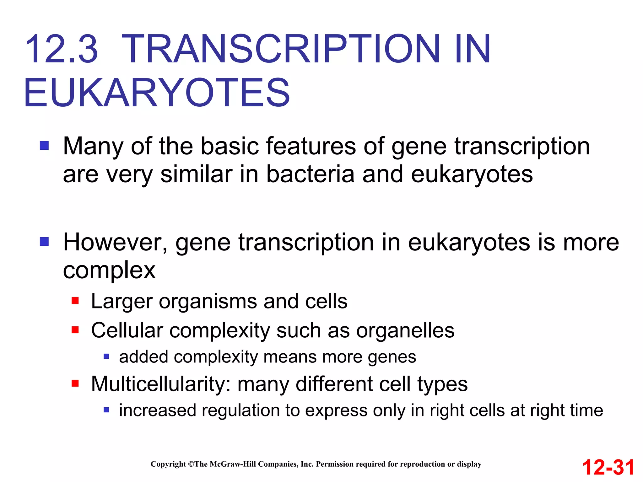 Many of the basic features of gene transcription are very similar in bacteria and eukaryotes However, gene transcription in eukaryotes is more complex Larger organisms and cells Cellular complexity such as organelles added complexity means more genes Multicellularity: many different cell types  increased regulation to express only in right cells at right time 12.3  TRANSCRIPTION IN EUKARYOTES Copyright ©The McGraw-Hill Companies, Inc. Permission required for reproduction or display 12-31 