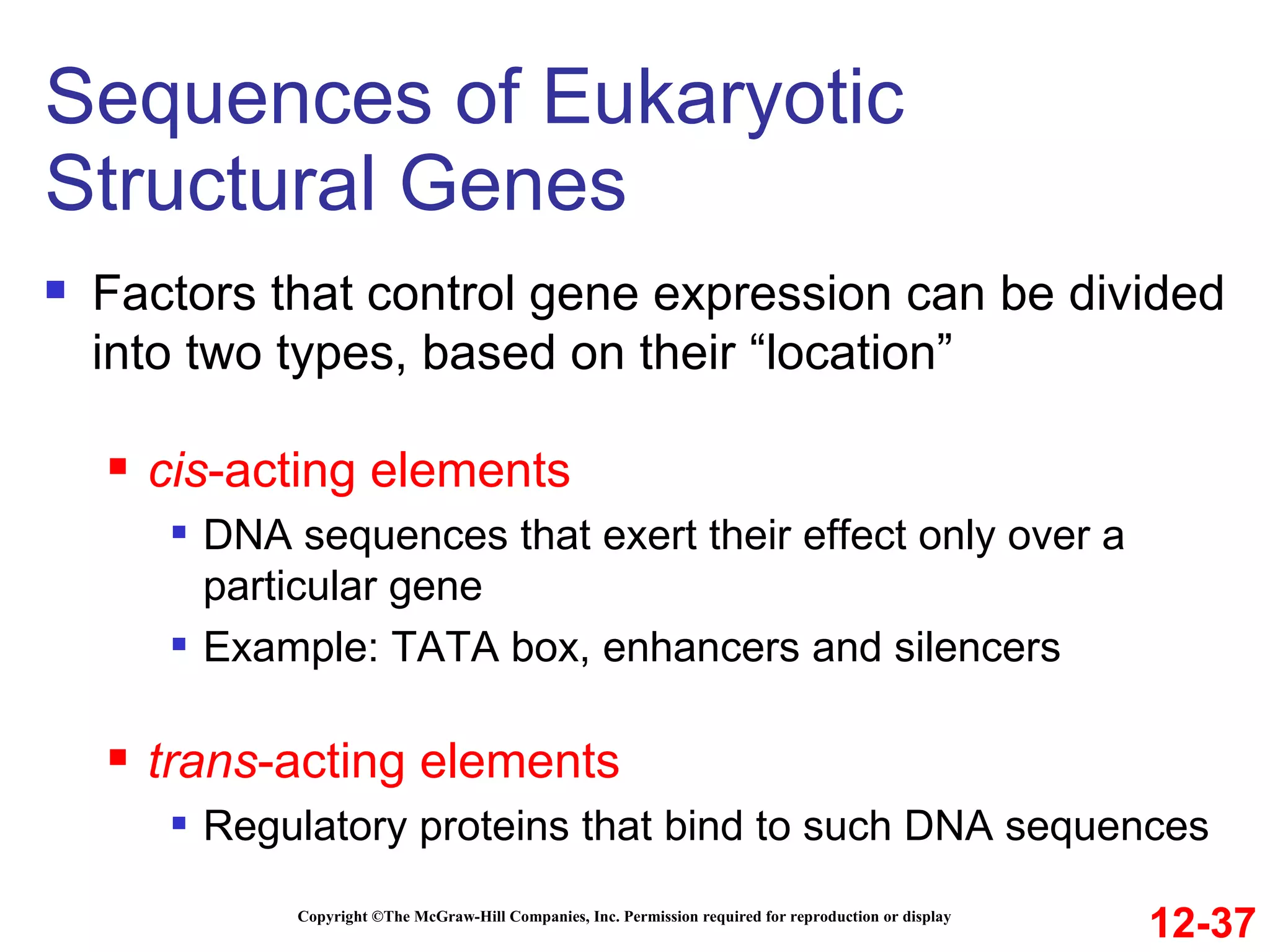 Sequences of Eukaryotic Structural Genes Copyright ©The McGraw-Hill Companies, Inc. Permission required for reproduction or display Factors that control gene expression can be divided into two types, based on their “location” cis -acting elements DNA sequences that exert their effect only over a particular gene Example: TATA box, enhancers and silencers  trans -acting elements Regulatory proteins that bind to such DNA sequences 12-37 