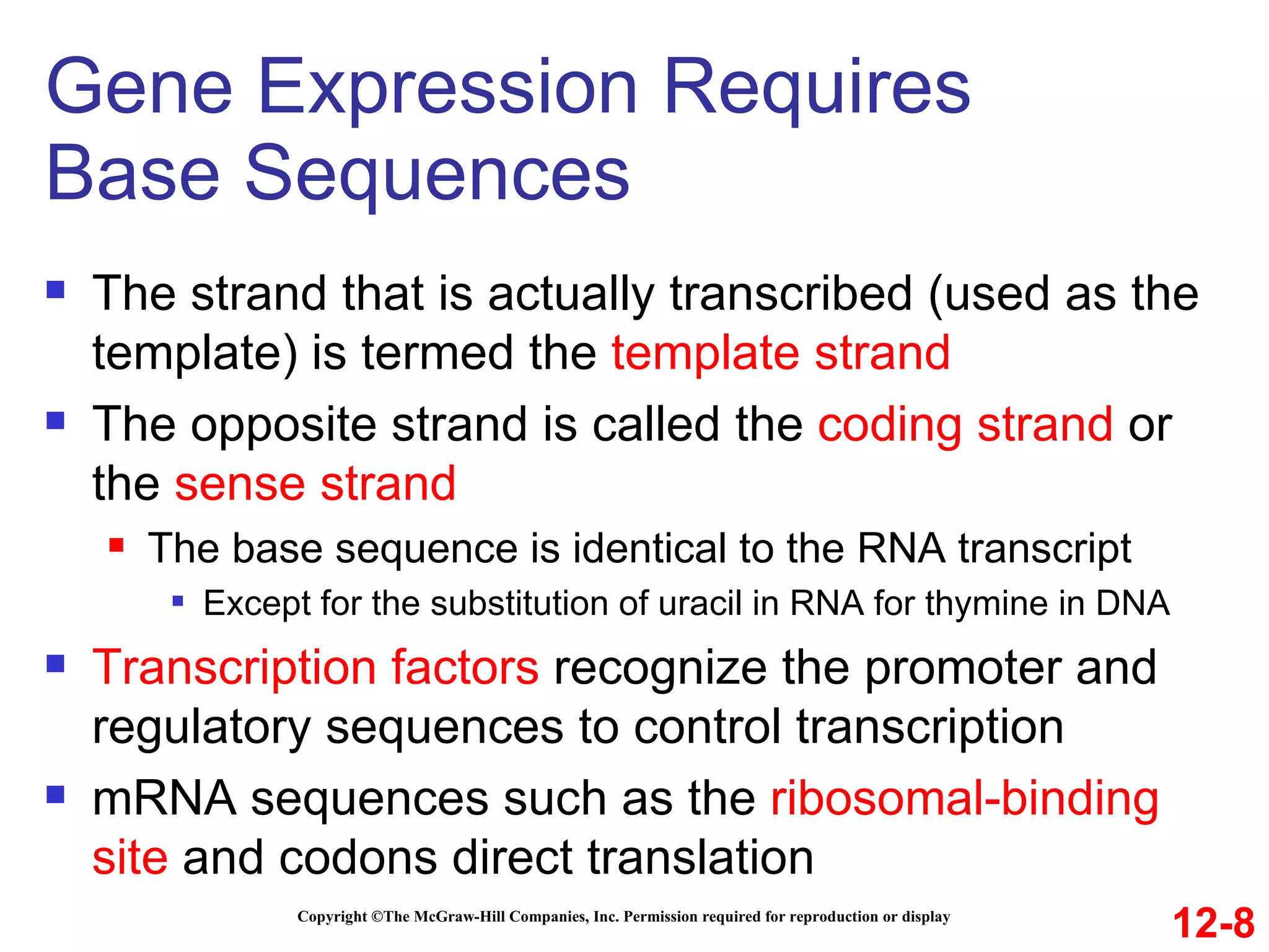 Gene Expression Requires  Base Sequences Copyright ©The McGraw-Hill Companies, Inc. Permission required for reproduction or display The strand that is actually transcribed (used as the template) is termed the  template strand The opposite strand is called the  coding strand  or the  sense strand The base sequence is identical to the RNA transcript Except for the substitution of uracil in RNA for thymine in DNA Transcription factors  recognize the promoter and regulatory sequences to control transcription mRNA sequences such as the  ribosomal-binding site  and codons direct translation 12-8 