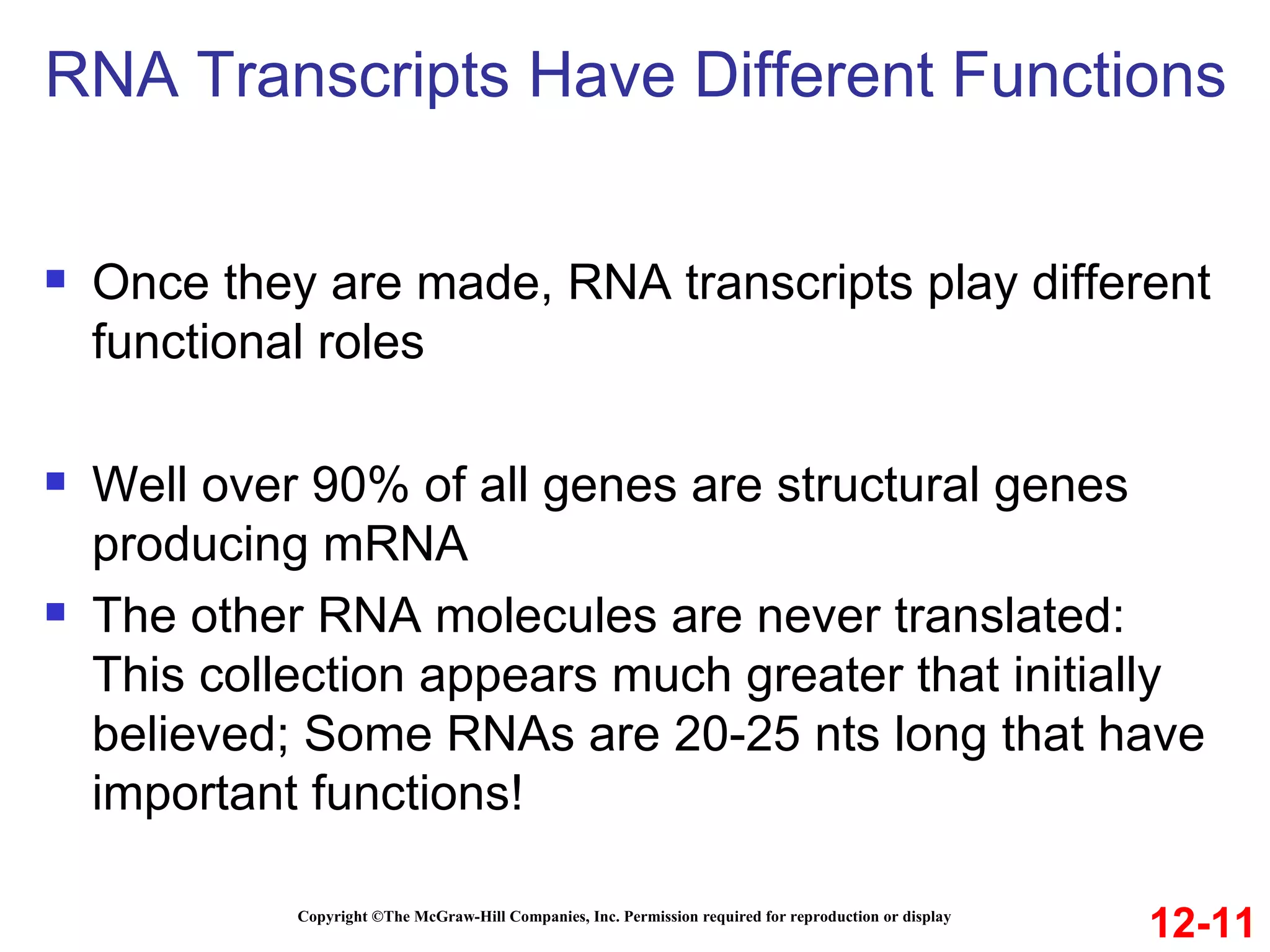 RNA Transcripts Have Different Functions Copyright ©The McGraw-Hill Companies, Inc. Permission required for reproduction or display Once they are made, RNA transcripts play different functional roles Well over 90% of all genes are structural genes producing mRNA The other RNA molecules are never translated: This collection appears much greater that initially believed; Some RNAs are 20-25 nts long that have important functions! 12-11 