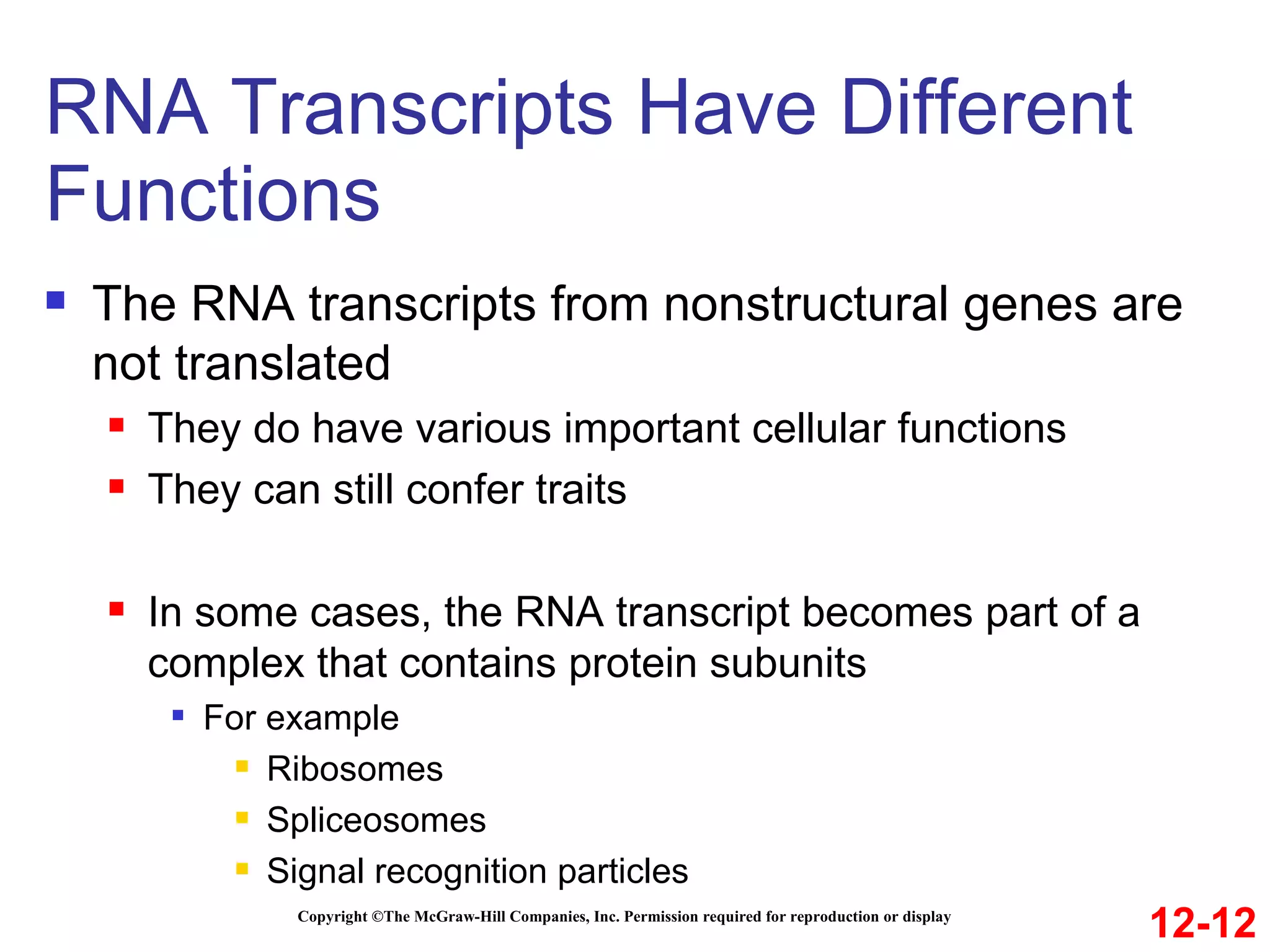 RNA Transcripts Have Different Functions Copyright ©The McGraw-Hill Companies, Inc. Permission required for reproduction or display The RNA transcripts from nonstructural genes are not translated They do have various important cellular functions They can still confer traits In some cases, the RNA transcript becomes part of a complex that contains protein subunits For example Ribosomes Spliceosomes Signal recognition particles 12-12 