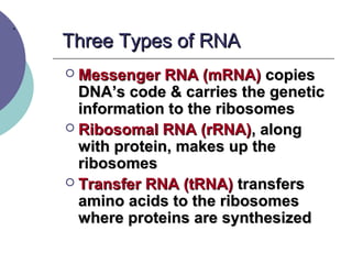 .
Three Types of RNAThree Types of RNA
 Messenger RNA (mRNA)Messenger RNA (mRNA) copiescopies
DNA’s code & carries the geneticDNA’s code & carries the genetic
information to the ribosomesinformation to the ribosomes
 Ribosomal RNA (rRNA)Ribosomal RNA (rRNA), along, along
with protein, makes up thewith protein, makes up the
ribosomesribosomes
 Transfer RNA (tRNA)Transfer RNA (tRNA) transferstransfers
amino acids to the ribosomesamino acids to the ribosomes
where proteins are synthesizedwhere proteins are synthesized
 