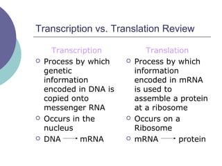 Transcription vs. Translation Review
Transcription
 Process by which
genetic
information
encoded in DNA is
copied onto
messenger RNA
 Occurs in the
nucleus
 DNA mRNA
Translation
 Process by which
information
encoded in mRNA
is used to
assemble a protein
at a ribosome
 Occurs on a
Ribosome
 mRNA protein
 