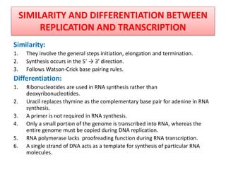 SIMILARITY AND DIFFERENTIATION BETWEEN
REPLICATION AND TRANSCRIPTION
Similarity:
1. They involve the general steps initiation, elongation and termination.
2. Synthesis occurs in the 5’ → 3’ direction.
3. Follows Watson-Crick base pairing rules.
Differentiation:
1. Ribonucleotides are used in RNA synthesis rather than
deoxyribonucleotides.
2. Uracil replaces thymine as the complementary base pair for adenine in RNA
synthesis.
3. A primer is not required in RNA synthesis.
4. Only a small portion of the genome is transcribed into RNA, whereas the
entire genome must be copied during DNA replication.
5. RNA polymerase lacks proofreading function during RNA transcription.
6. A single strand of DNA acts as a template for synthesis of particular RNA
molecules.
 