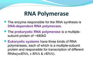 RNA Polymerase
 The enzyme responsible for the RNA synthesis is
DNA-dependent RNA polymerase.
 The prokaryotic RNA polymerase is a multiple-
subunit protein of ~480kD
 Eukaryotic systems have three kinds of RNA
polymerases, each of which is a multiple-subunit
protein and responsible for transcription of different
RNAs(mRNA, t-RNA & rRNA).
 