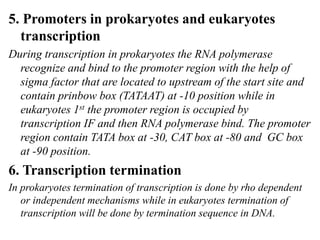 5. Promoters in prokaryotes and eukaryotes
transcription
During transcription in prokaryotes the RNA polymerase
recognize and bind to the promoter region with the help of
sigma factor that are located to upstream of the start site and
contain prinbow box (TATAAT) at -10 position while in
eukaryotes 1st the promoter region is occupied by
transcription IF and then RNA polymerase bind. The promoter
region contain TATA box at -30, CAT box at -80 and GC box
at -90 position.
6. Transcription termination
In prokaryotes termination of transcription is done by rho dependent
or independent mechanisms while in eukaryotes termination of
transcription will be done by termination sequence in DNA.
 