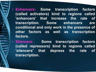 • Enhancers: Some transcription factors
(called activators) bind to regions called
'enhancers' that increase the rate of
transcription. Some enhancers are
conditional and only work in the presence of
other factors as well as transcription
factors.
• Silencers: Some transcription factors
(called repressors) bind to regions called
'silencers' that depress the rate of
transcription.
 