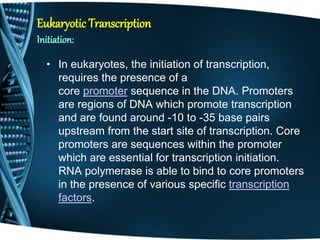 Eukaryotic Transcription
Initiation:
• In eukaryotes, the initiation of transcription,
requires the presence of a
core promoter sequence in the DNA. Promoters
are regions of DNA which promote transcription
and are found around -10 to -35 base pairs
upstream from the start site of transcription. Core
promoters are sequences within the promoter
which are essential for transcription initiation.
RNA polymerase is able to bind to core promoters
in the presence of various specific transcription
factors.
 