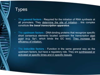 Types
• The general factors : Required for the initiation of RNA synthesis at
all promoters. They determine the site of initiation ; this complex
constitute the basal transcription apparatus.
• The upstream factors : DNA-binding proteins that recognize specific
short consensus elements located upstream the transcription start
point (e.g. Sp1, which binds the GC box). They increase the
efficiency of initiation.
• The inducible factors : Function in the same general way as the
upstream factors, but have a regulatory role. They are synthesized or
activated at specific times and in specific tissues.
 