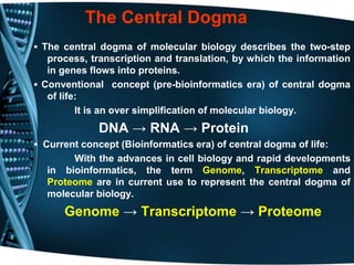 The Central Dogma
▪ The central dogma of molecular biology describes the two-step
process, transcription and translation, by which the information
in genes flows into proteins.
▪ Conventional concept (pre-bioinformatics era) of central dogma
of life:
It is an over simplification of molecular biology.
DNA → RNA → Protein
▪ Current concept (Bioinformatics era) of central dogma of life:
With the advances in cell biology and rapid developments
in bioinformatics, the term Genome, Transcriptome and
Proteome are in current use to represent the central dogma of
molecular biology.
Genome → Transcriptome → Proteome
 