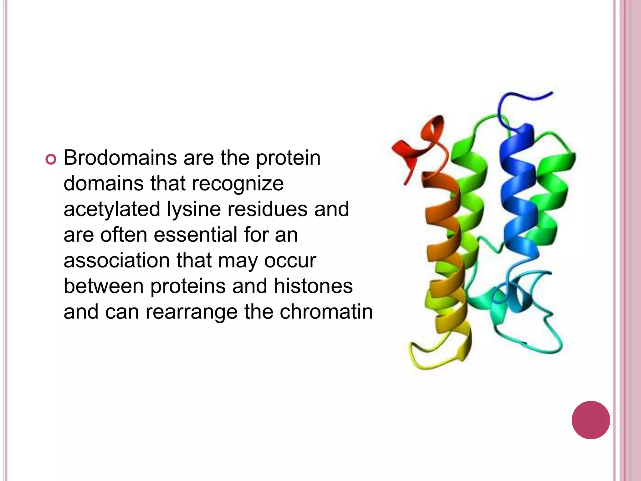 Brodomains are the protein domains that recognize acetylated lysine residues and are often essential for an association that may occur between proteins and histones and can rearrange the chromatin