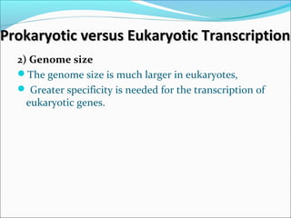 Prokaryotic versus Eukaryotic TranscriptionProkaryotic versus Eukaryotic Transcription
2) Genome size
The genome size is much larger in eukaryotes,
 Greater specificity is needed for the transcription of
eukaryotic genes.
 