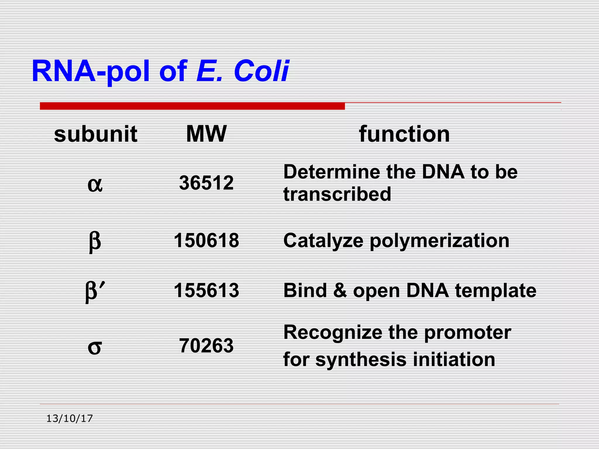 subunit MW function
α 36512
Determine the DNA to be
transcribed
β 150618 Catalyze polymerization
β′ 155613 Bind & open DNA template
σ 70263
Recognize the promoter
for synthesis initiation
RNA-pol of E. Coli
13/10/17
 