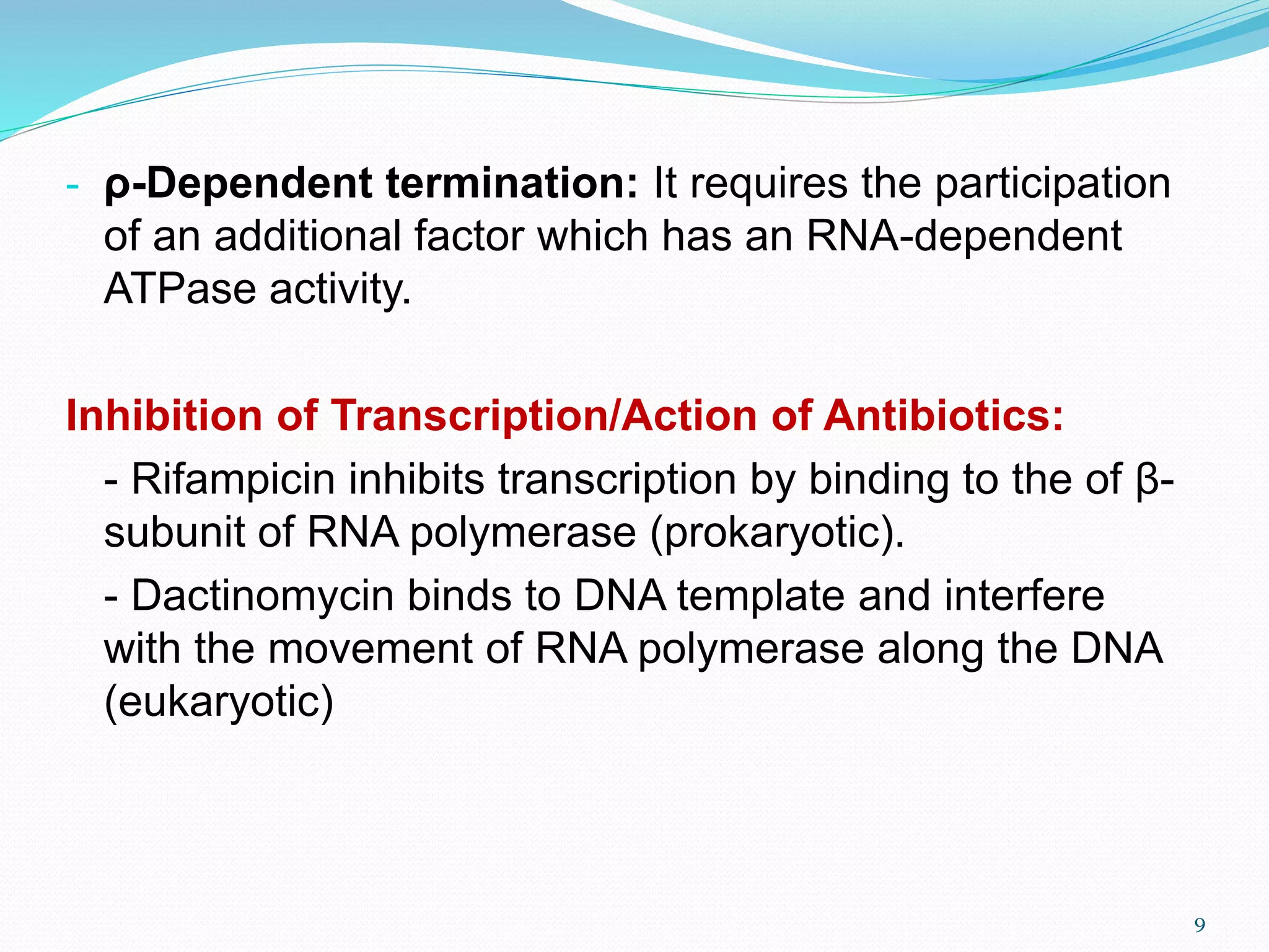 - ρ-Dependent termination: It requires the participation
of an additional factor which has an RNA-dependent
ATPase activity.
Inhibition of Transcription/Action of Antibiotics:
- Rifampicin inhibits transcription by binding to the of β-
subunit of RNA polymerase (prokaryotic).
- Dactinomycin binds to DNA template and interfere
with the movement of RNA polymerase along the DNA
(eukaryotic)
9
 