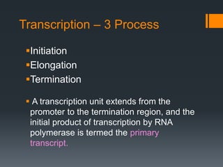 Transcription – 3 Process
Initiation
Elongation
Termination
 A transcription unit extends from the
promoter to the termination region, and the
initial product of transcription by RNA
polymerase is termed the primary
transcript.
 