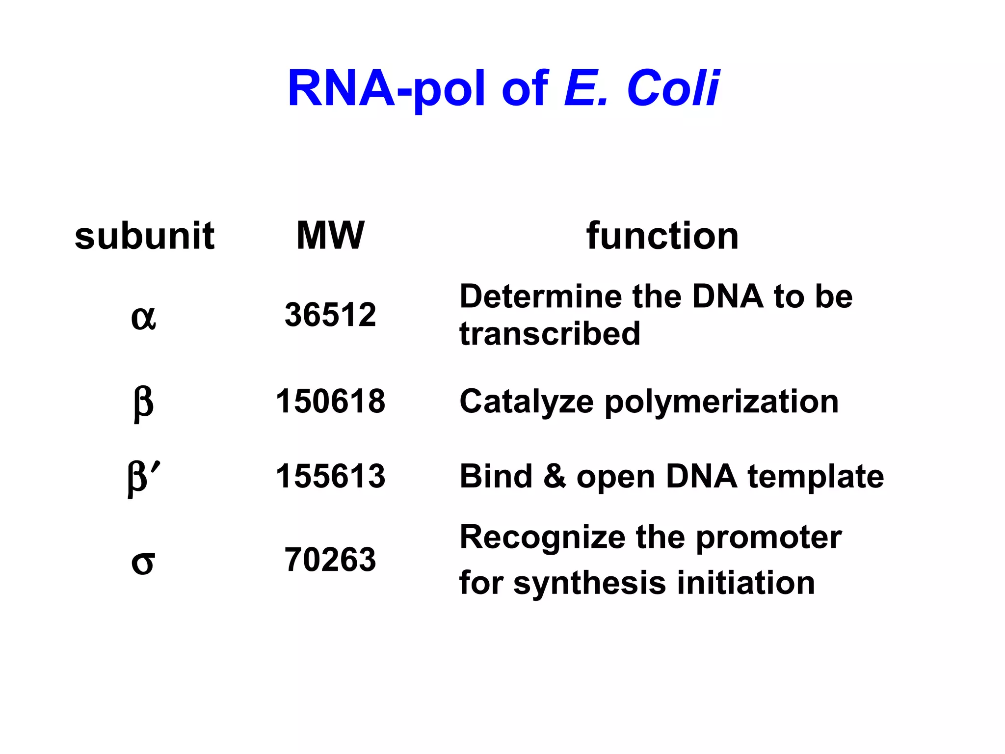 subunit MW function
α 36512
Determine the DNA to be
transcribed
β 150618 Catalyze polymerization
β′ 155613 Bind & open DNA template
σ 70263
Recognize the promoter
for synthesis initiation
RNA-pol of E. Coli
 